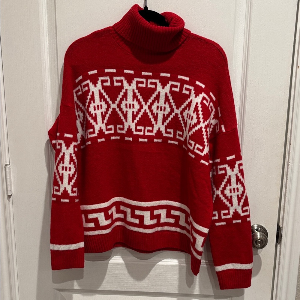 CeCe Red and White Fair Isle Turtleneck Sweater
